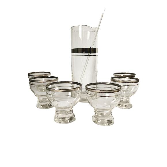 Vintage 1950's Platinum Band Atomic Cocktail Pitcher Set Barware Cocktail Glass - Picture 1 of 7